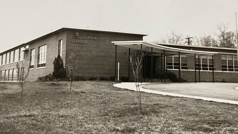 Photograph of the front exterior of Edsall Park Elementary School that was taken in the late 1960s.