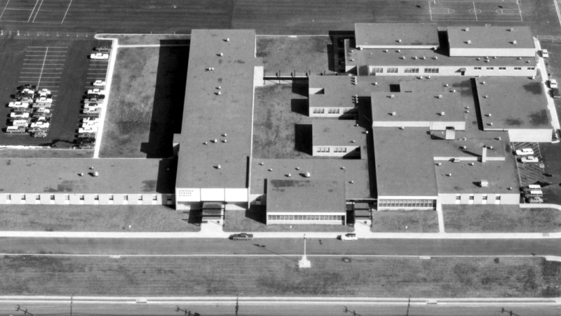 Black and white aerial photograph of Stephen C. Foster Intermediate School.