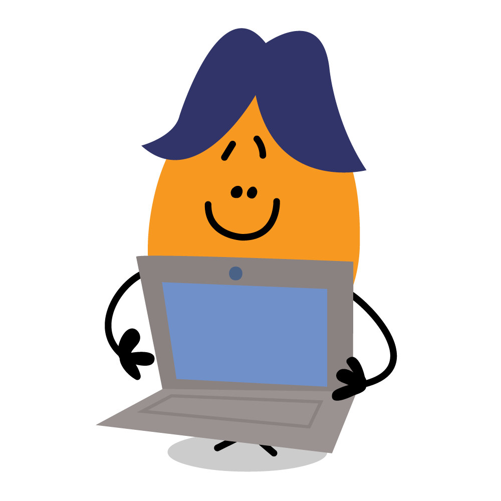 ALEX cartoon character holding a laptop