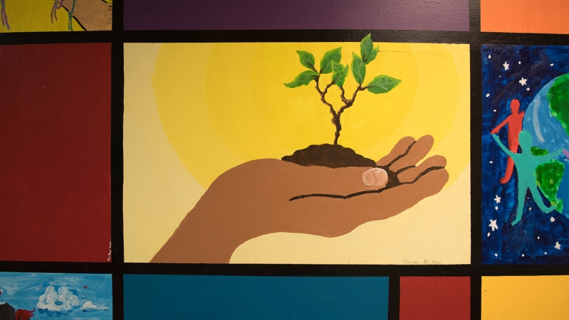Student art of hand holding a small plant