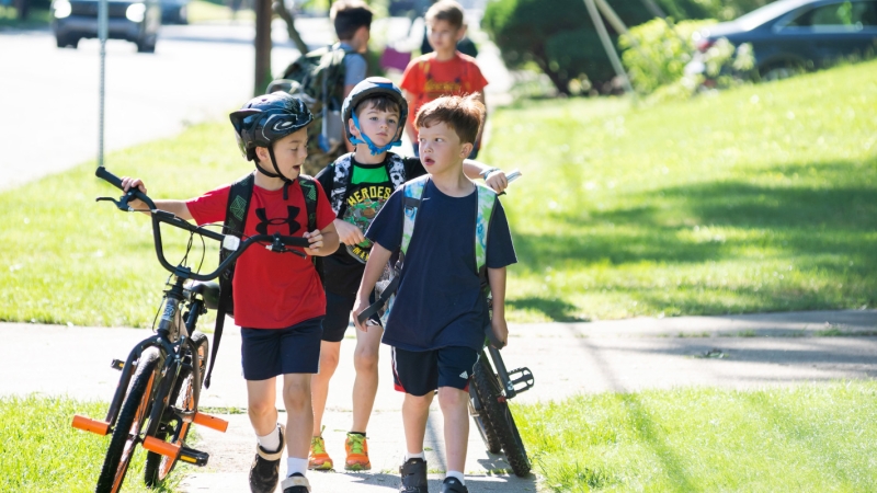 Young students walk and bike to school