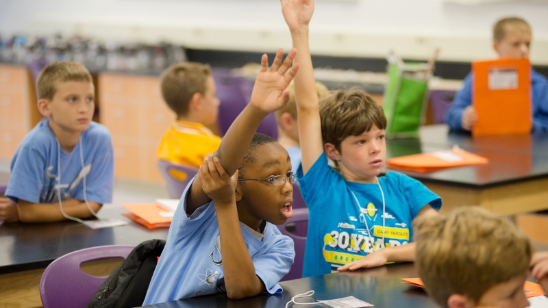 image of kids raising hands