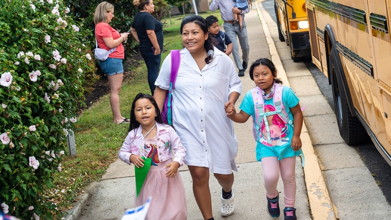 A family walks to school