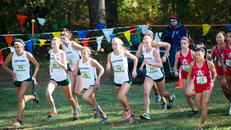 Girls competing in a cross country meet. 