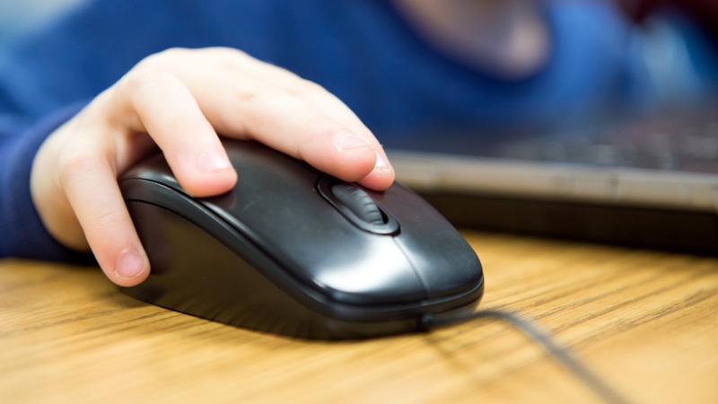 photo of a child's hand on an external computer mouse