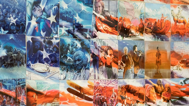 Image of tiles with small paintings of american historical moments