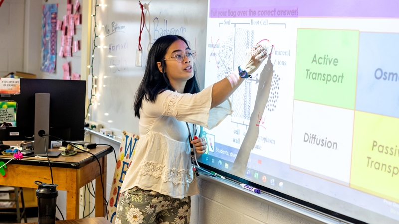 A science teacher writes on a white board. 