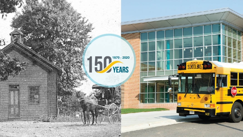150 Anniversary image - two views of school with student transportation, one old and one new