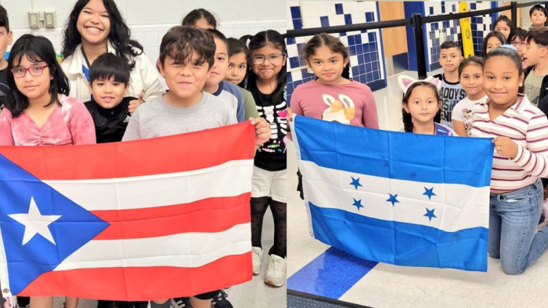 students with heritage flags