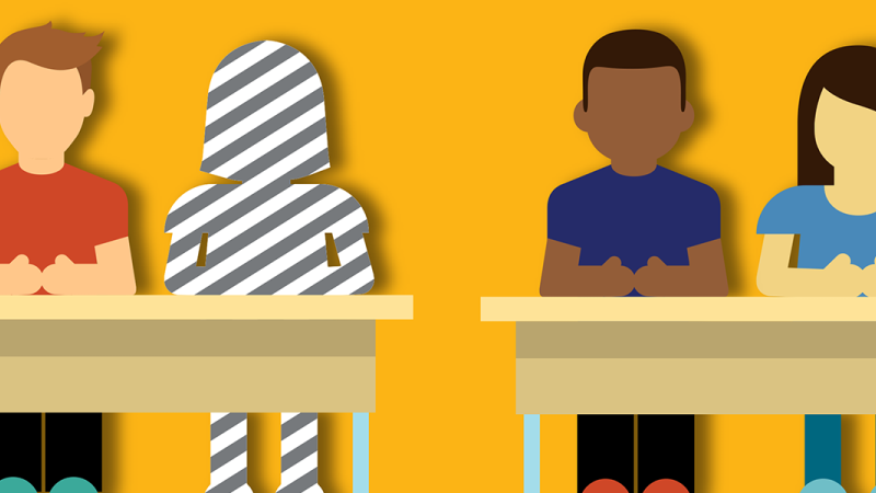 Illustration of three students sitting at a desk with the shadow of one student indicating that the student is absent.