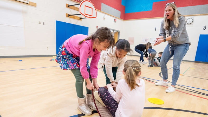 Clermont Elementary students engage in a relay race as part of the school's Military Kids Club program.