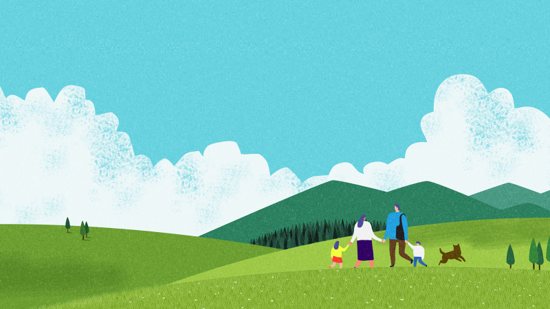 Graphic of land and sky with a family