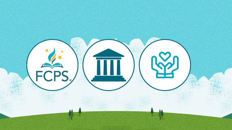 Illustration of a landscape with 3 icons: FCPS logo, government icon, and non-profit icon.