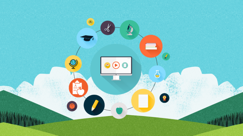 Illustration of a landscape with a monitor icon with a play button surrounded by icons for various subjects.