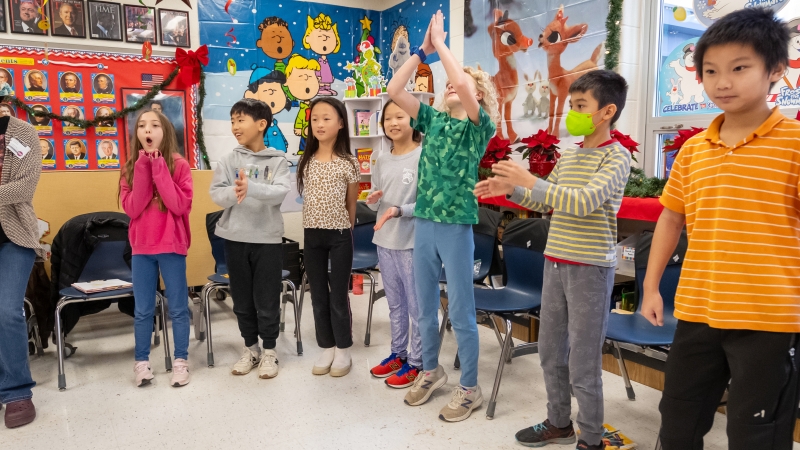 Students at Haycock Elementary School get a lesson on posture from Ford's Theatre Teaching Artist, ChelseaDee Harrison.