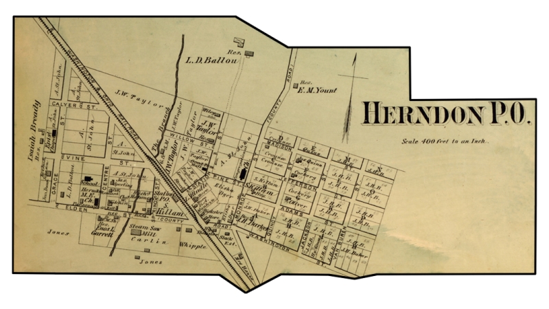 Detail of an 1878 map of Fairfax County showing the Town of Herndon.