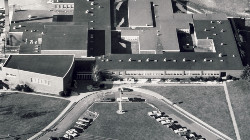 Black and white aerial photograph of Luther Jackson High School.