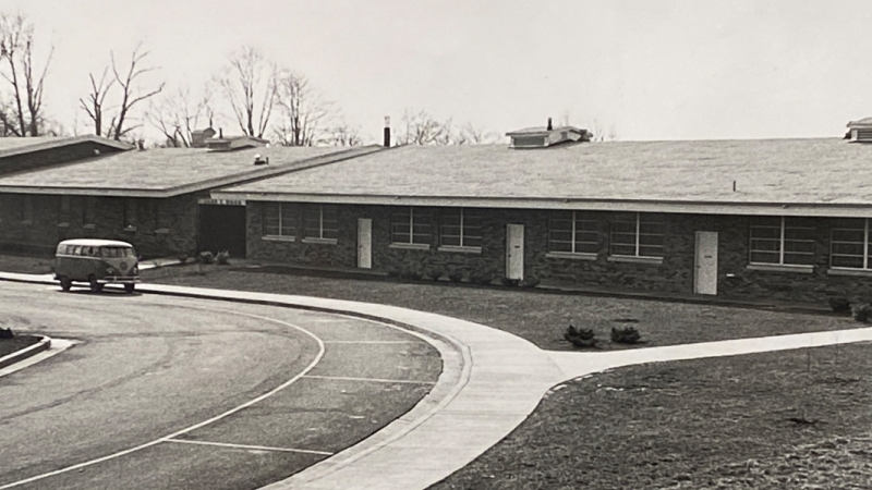 Photograph of the front exterior of John C. Wood Elementary School taken in the late 1960s.