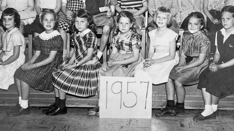 Black and white class photograph from Masonville Elementary School that was taken in 1957.