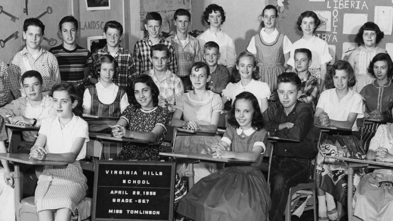 Black and white photograph of Miss Tomlinson’s Combined Grade 6 and 7 Class at Virginia Hills Elementary School in April 1958.