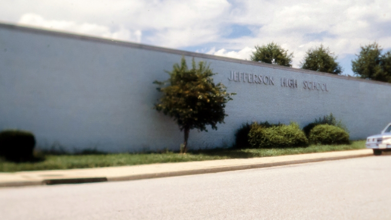 Photograph of the front exterior of Thomas Jefferson High School.