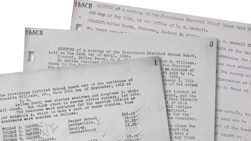 Photograph of loose pages showing the minute records of the Providence District School Board.