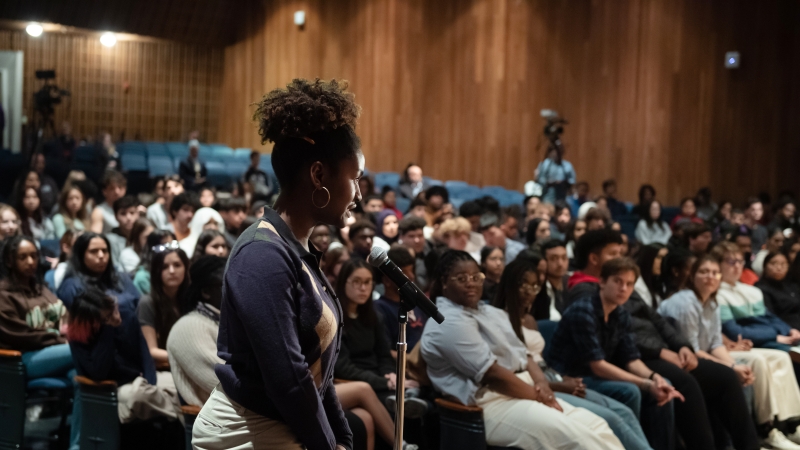 A John R. Lewis High School student asks a question of U.S. Education Sec. Miguel Cardona at a national town hall forum hosted by her school.