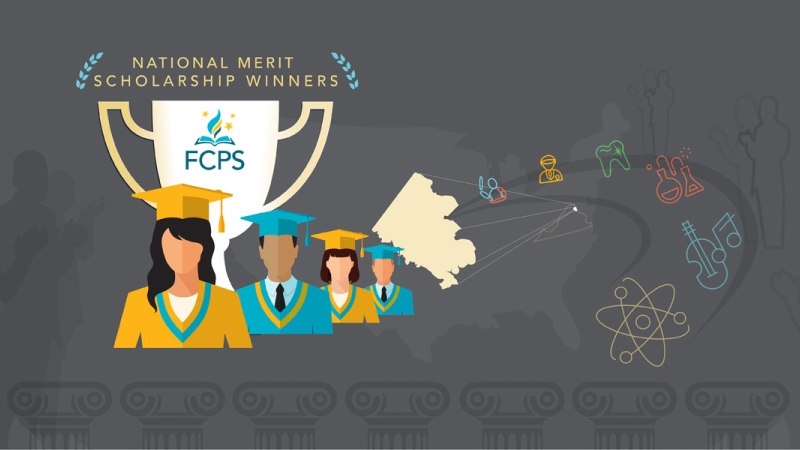 National Merit scholarship graphic with graduates and loving cup