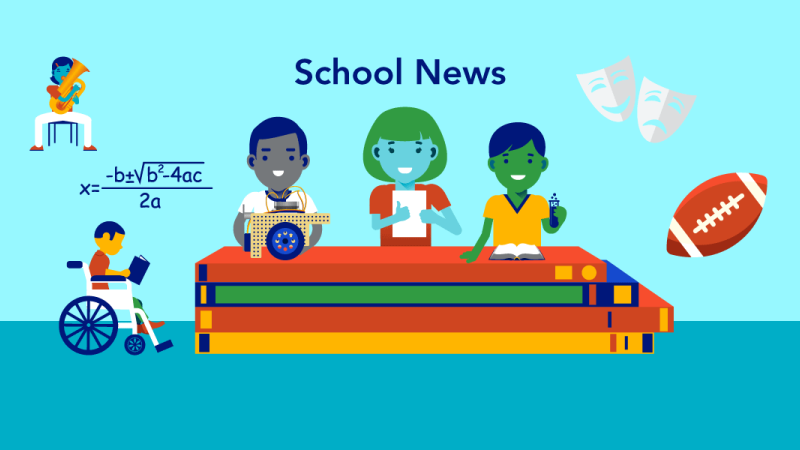 school news, football, math, science, music, drama, robotics