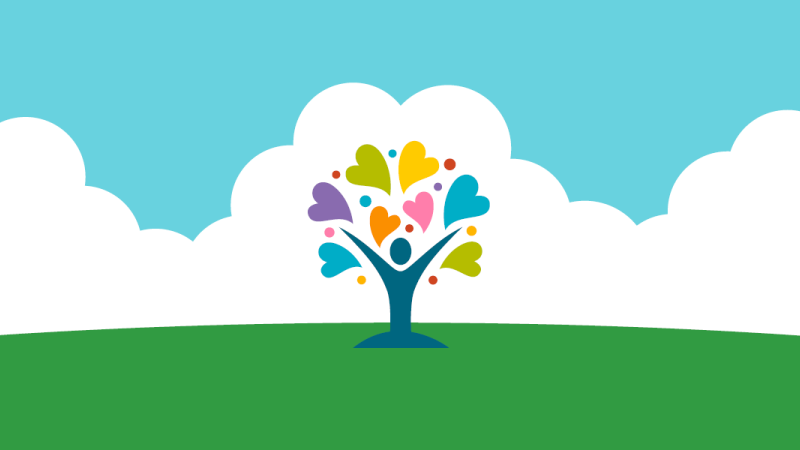 colorful graphic with a tree that has leaves shaped like hearts