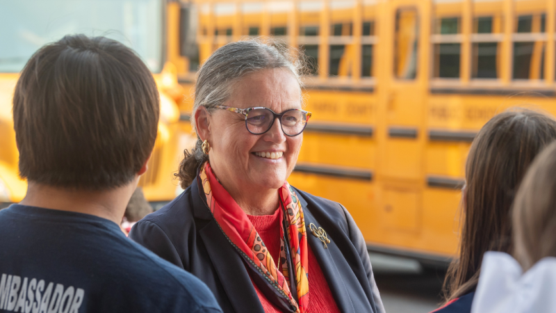 Dr. Reid meets with Hernon HS students on the first day of school year 23-24