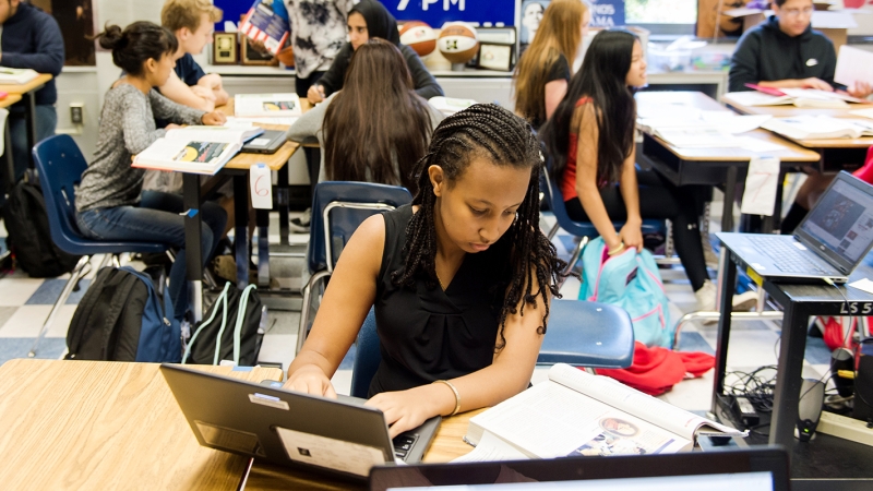 student working on a laptop at her desk