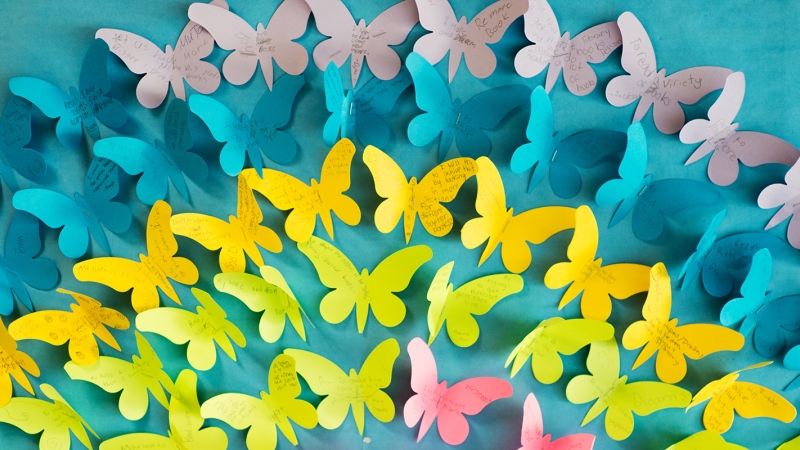 Paper butterflies of different colors.