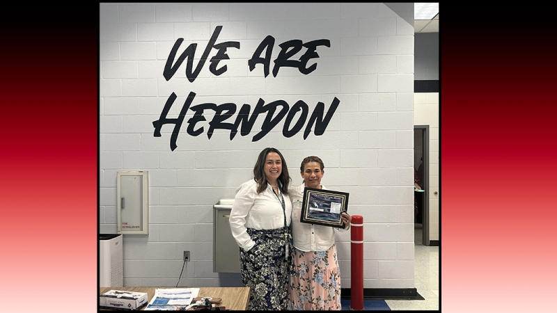 fcps cares of the month recipient and principal from herndon middle school