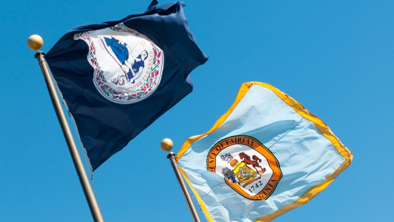Photo of Virginia State Flag and Fairfax County Flag