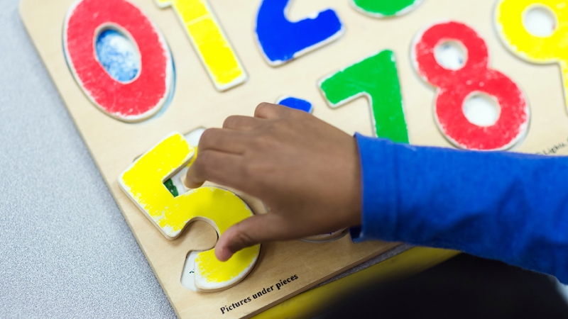 image of a child's hand holding a number 5 block