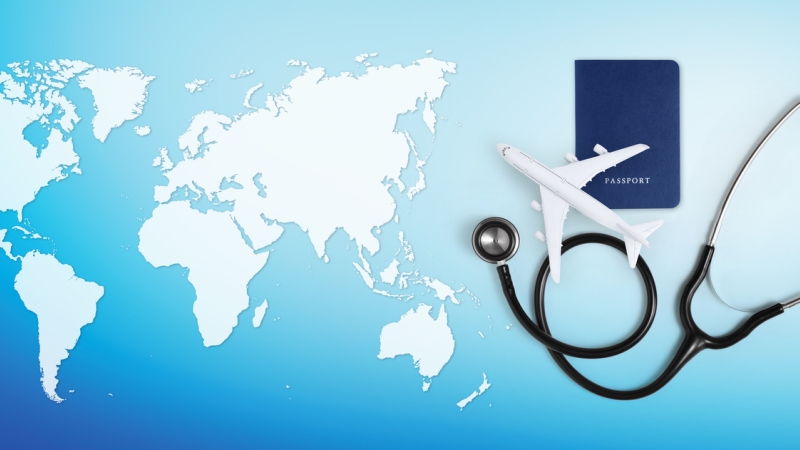 blue and white map with a stethoscope and plane graphic