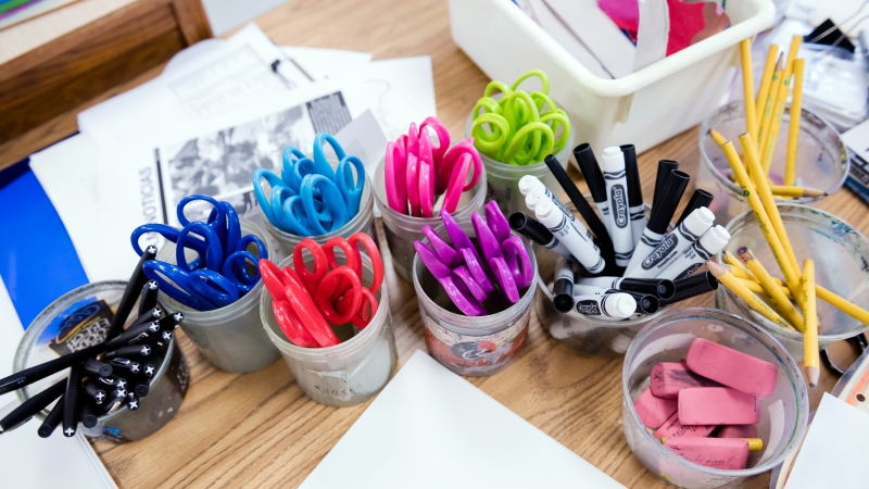 school supplies on a table