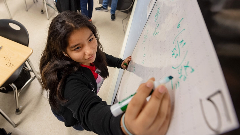 middle school student writing on a dry erase board.