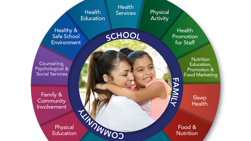 Wellness wheel with photo of a mother holding her daughter in the middle. Surrounding the photo are the following categories: Physical Education; Family and Community Involvement; Counseling, Psychological, and Social Services; Healthy and Safe School Environment; Health Education; Health Services; Physical Activity; Health Promotion for Staff; Nutrition, Education, Promotion, and Food Marketing; Sleep Health; Food & Nutrition.