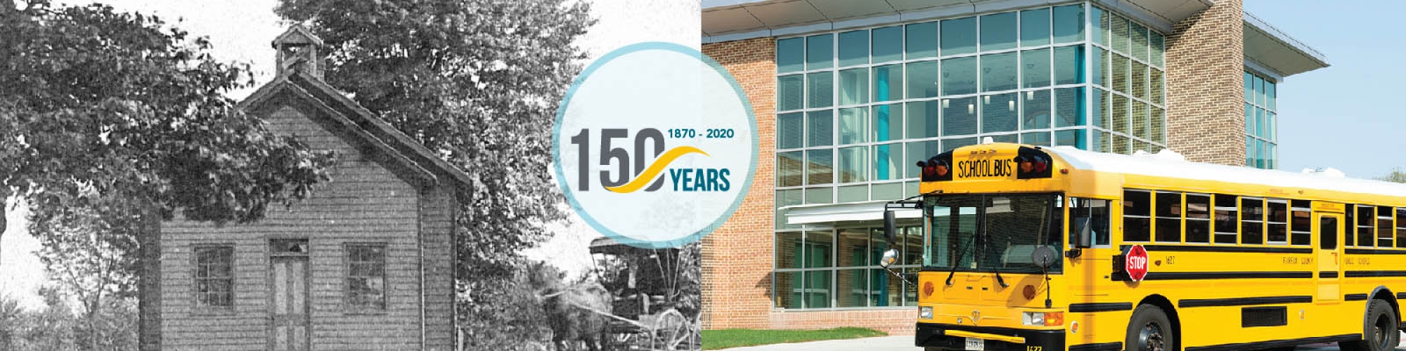 150 Anniversary image - two views of school with student transportation, one old and one new