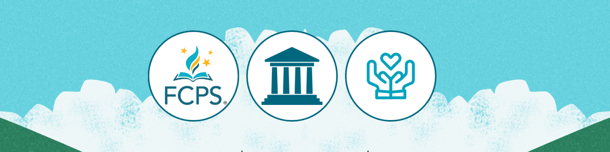 Illustration of a landscape with 3 icons: FCPS logo, government icon, and non-profit icon.